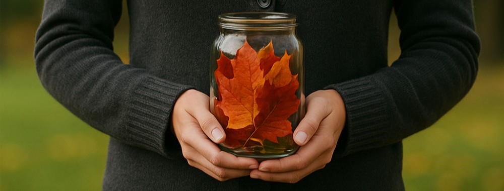 Et barn holder et glass dekket av høstblader, iført en tykk genser og skjerf. Bildet formidler en følelse av høst og omsorg. Foto.